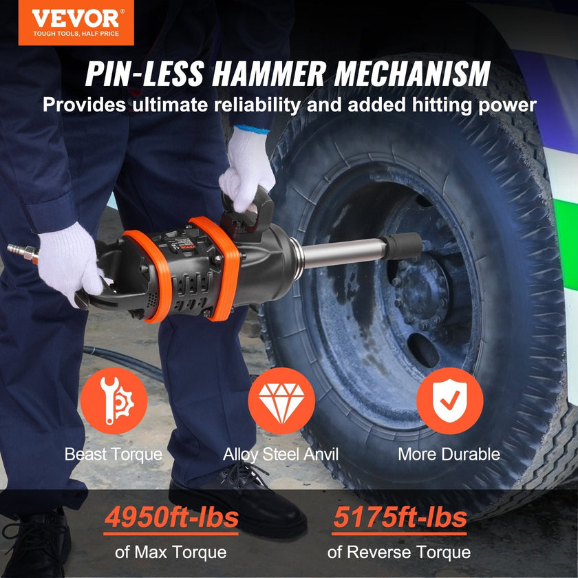VEVOR 1 Inch Air Impact Wrench, Up to 5175 ft-lbs Beast Reverse Torque Output Pneumatic Impact w/ 8 Inch Anvil for Heavy Duty Machinery/Semi-Truck/Bus