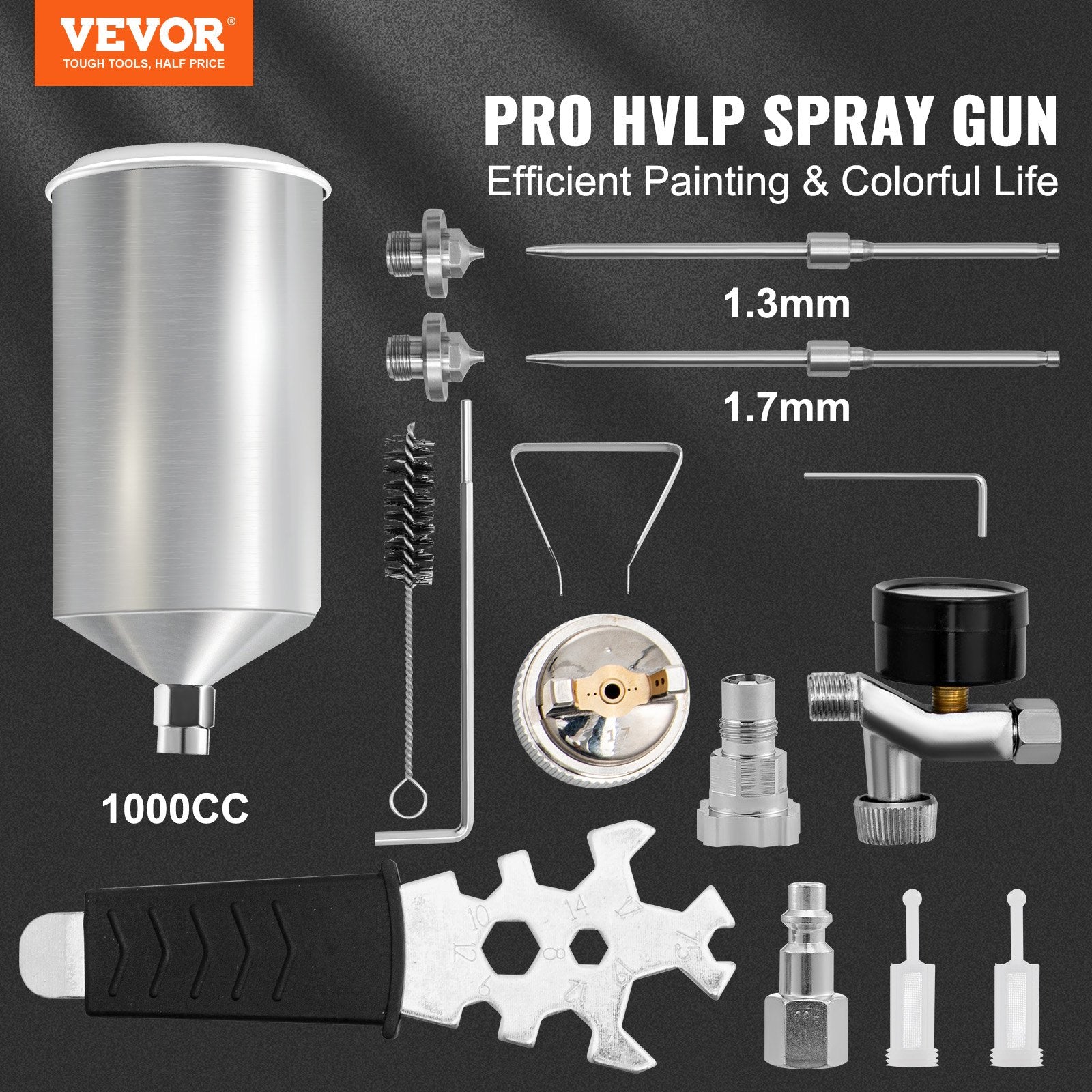 VEVOR HVLP Spray Gun, High Performance Automotive Paint Gun with 1.3/1.7mm Stainless Fluid Tip Sets, 1000cc Cup, MPS Adapter and Air Regulator for Primer, Clear & Top Coat, Touch Up