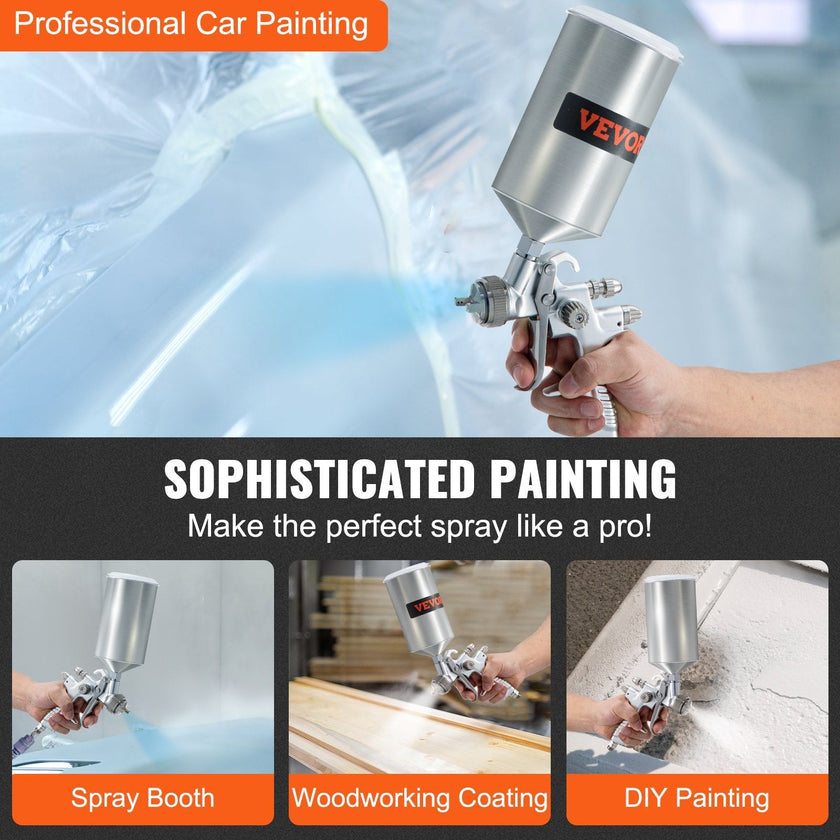 VEVOR HVLP Spray Gun, High Performance Automotive Paint Gun with 1.3/1.7mm Stainless Fluid Tip Sets, 1000cc Cup, MPS Adapter and Air Regulator for Primer, Clear & Top Coat, Touch Up
