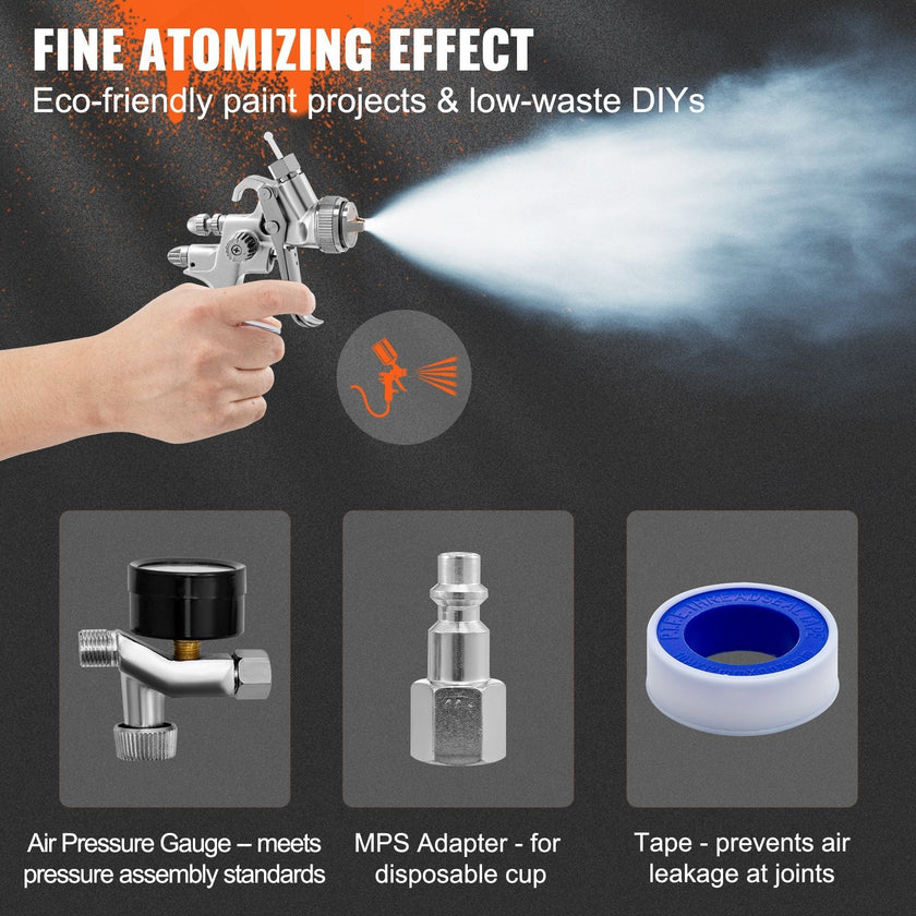 VEVOR HVLP Spray Gun, High Performance Automotive Paint Gun with 1.3/1.7mm Stainless Fluid Tip Sets, 1000cc Cup, MPS Adapter and Air Regulator for Primer, Clear & Top Coat, Touch Up