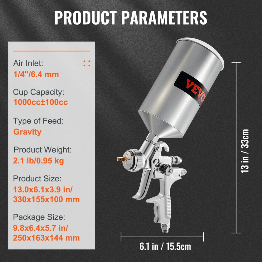 VEVOR HVLP Spray Gun, High Performance Automotive Paint Gun with 1.3/1.7mm Stainless Fluid Tip Sets, 1000cc Cup, MPS Adapter and Air Regulator for Primer, Clear & Top Coat, Touch Up