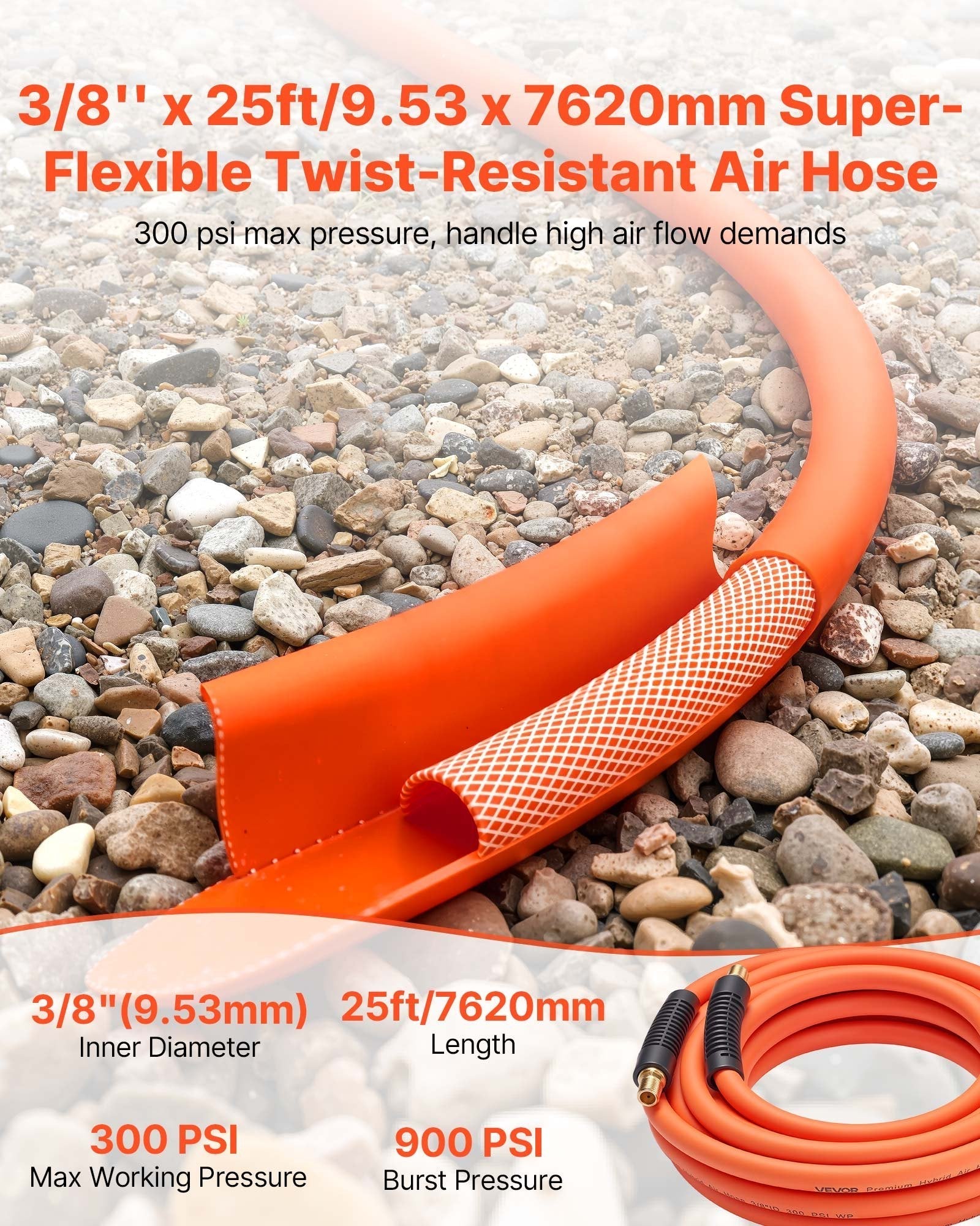 VEVOR Air Hose, 3/8'' x 25ft Hybrid Air Hose, Lightweight, Kink Resistant, Pneumatic Hoses with 1/4 inch Solid Brass Male Fitting, Three-Layer Hybrid Material, 300 PSI, All-Weather Flexibility, Orange