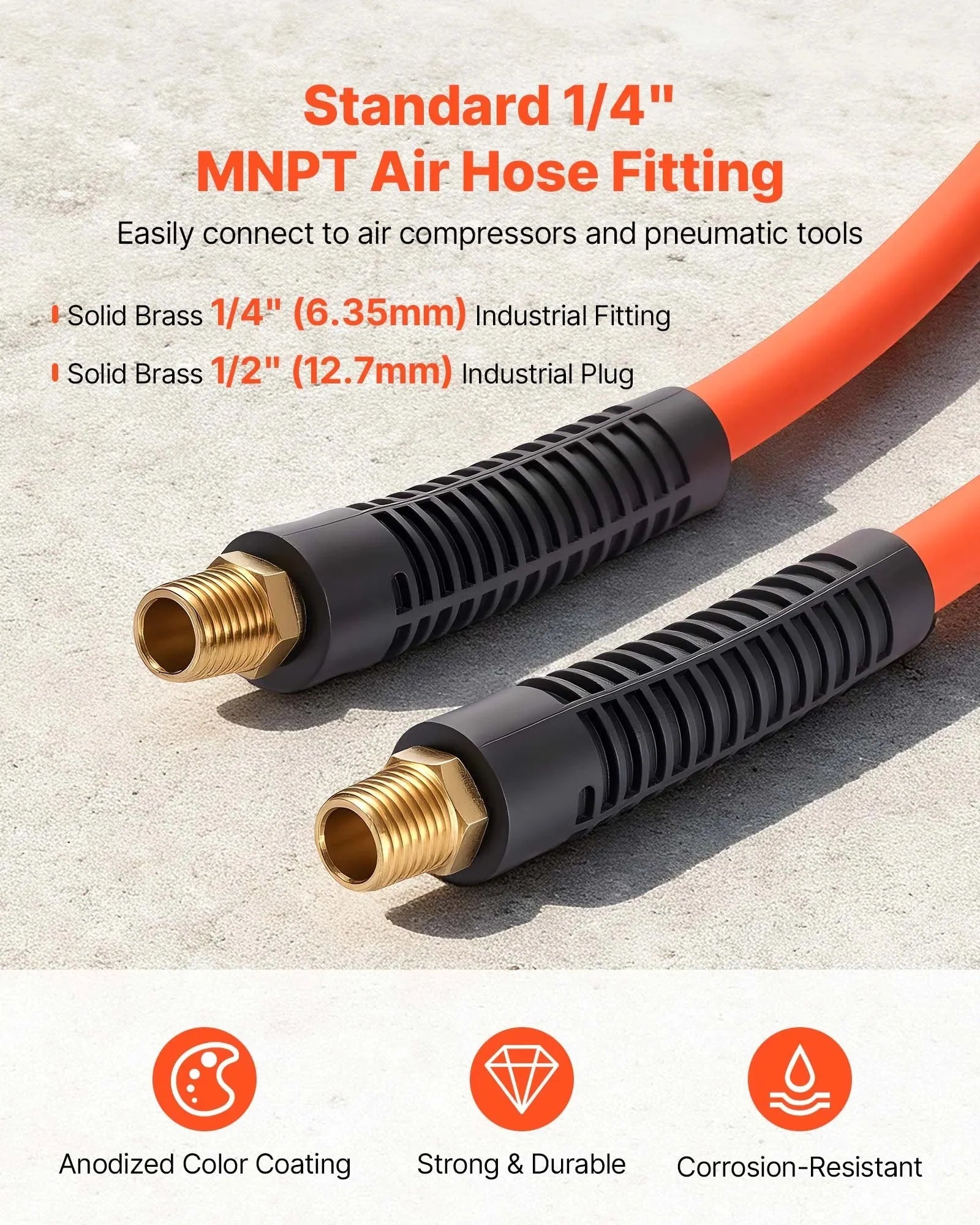 VEVOR Air Hose, 3/8'' x 25ft Hybrid Air Hose, Lightweight, Kink Resistant, Pneumatic Hoses with 1/4 inch Solid Brass Male Fitting, Three-Layer Hybrid Material, 300 PSI, All-Weather Flexibility, Orange