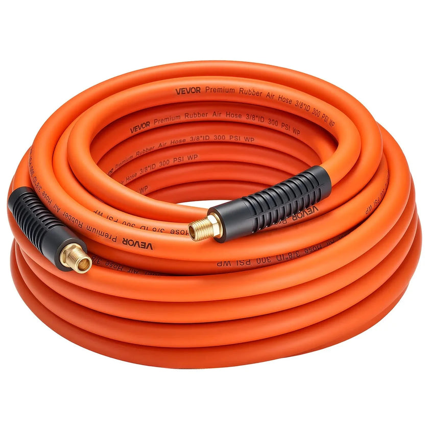 VEVOR Air Hose, 3/8'' x 50ft Rubber Air Hose, Lightweight, Kink Resistant, Pneumatic Hoses with 1/4 inch Solid Brass Male Fitting, Three-Layer Material, 300 PSI, All-Weather Flexibility, Orange