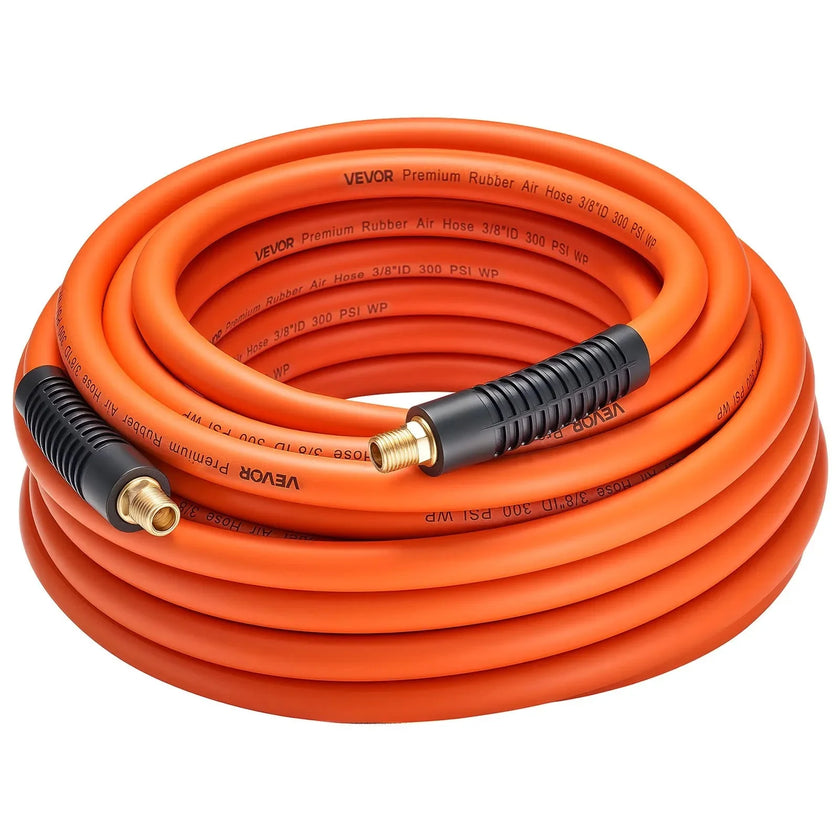 VEVOR Air Hose, 3/8'' x 50ft Rubber Air Hose, Lightweight, Kink Resistant, Pneumatic Hoses with 1/4 inch Solid Brass Male Fitting, Three-Layer Material, 300 PSI, All-Weather Flexibility, Orange