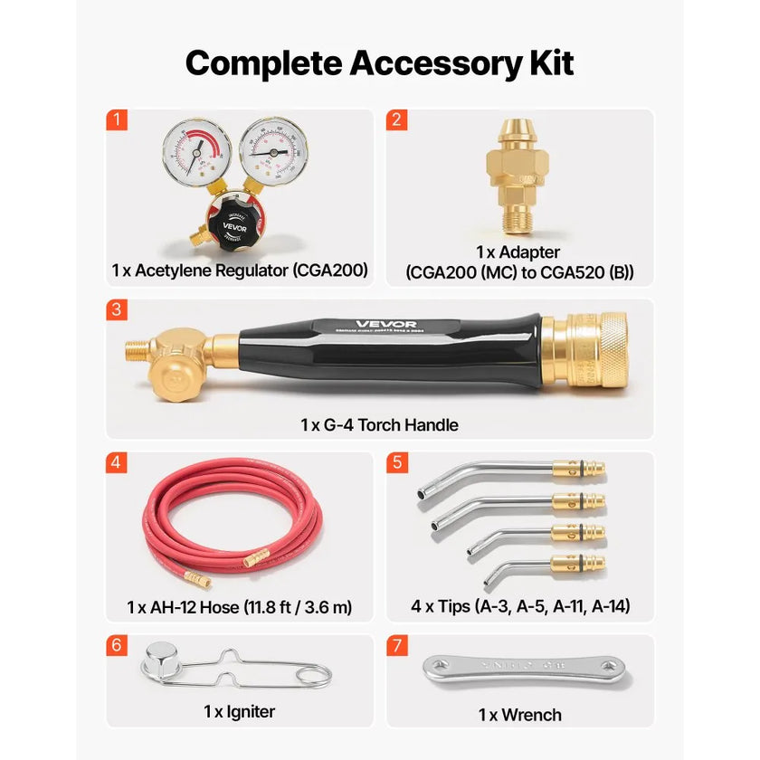 Air Acetylene Torch Kit with 4 Welding Tips, CGA200 Regulator, 11.8 ft Rubber Hose & Cylinder Adapter for Brazing, Soldering, Heating & Metalworking