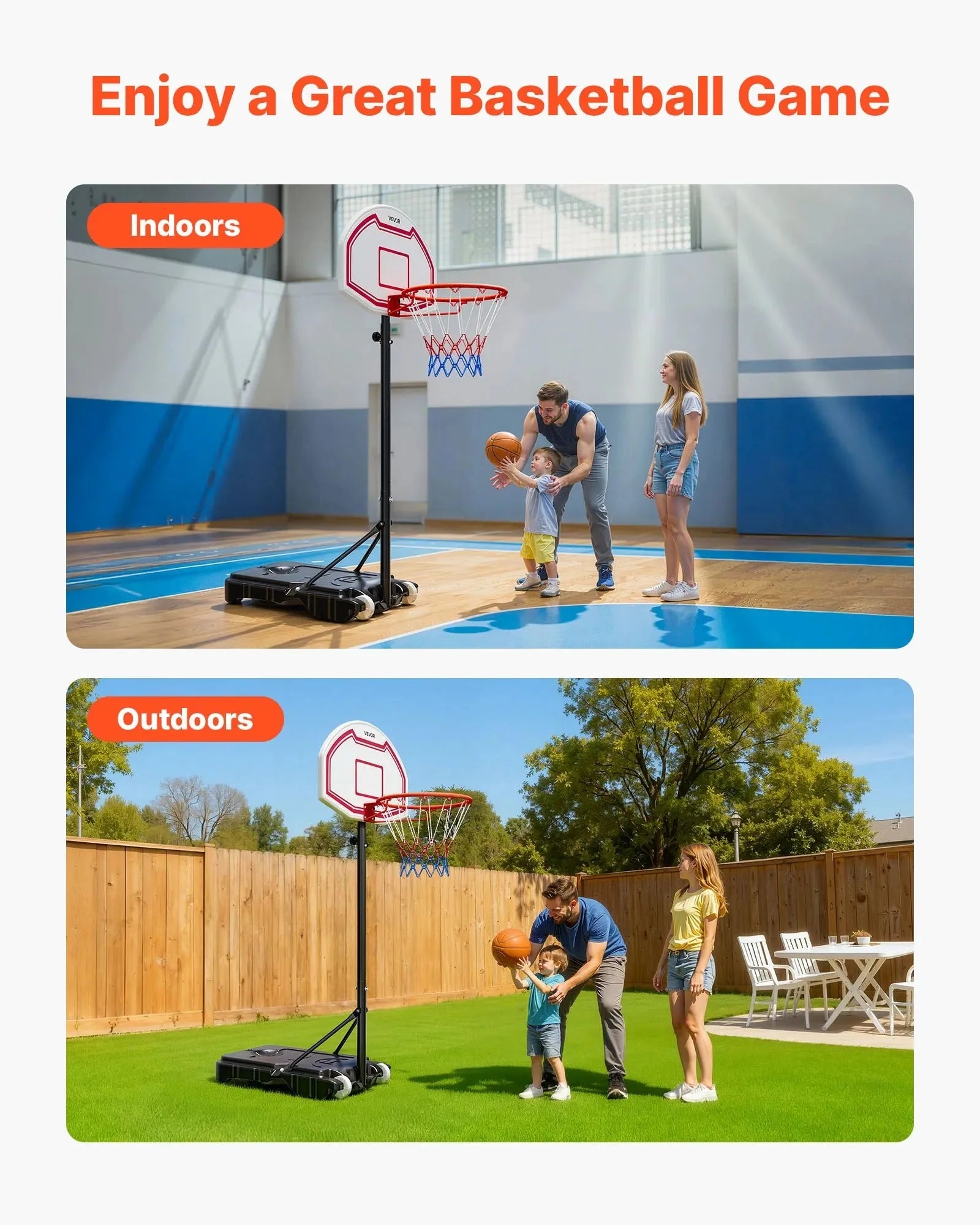 VEVOR Portable Basketball Stand, 5.2 to 6.9 ft Height Adjustment Basketball Hoop & Goal, Kids Adjustable Basketballs Hoop with Nylon Net & Rolling Wheels, Portable Backboard Set for Patios, Poolside