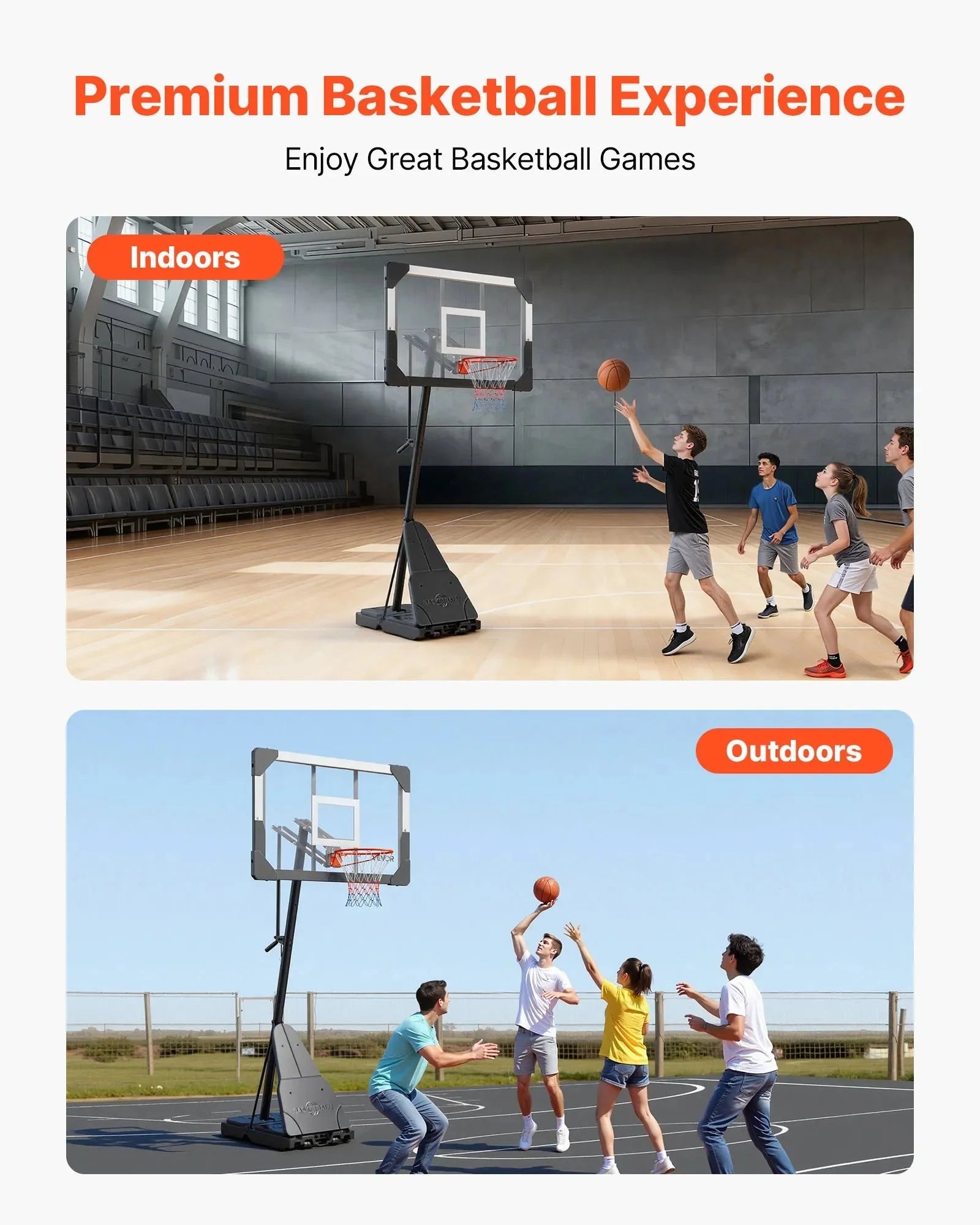 VEVOR Portable Basketball Stand, 8.04 to 10 ft Height Adjustment Basketball Hoop & Goal, Basketballs Hoop Outdoor with 44 inch PC Backboard for Kids, Adults in Schools, Parks, Indoor & Outdoor Use