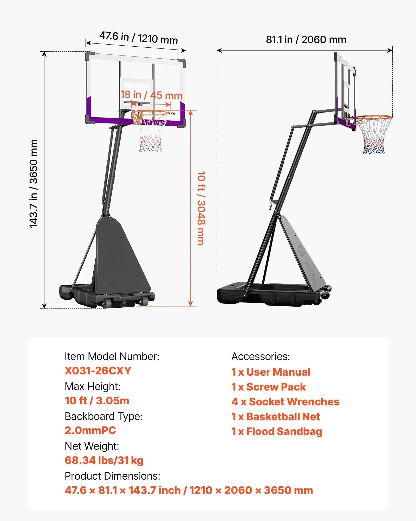 VEVOR Portable Basketball Stand, 10 ft Height Adjustment Basketball Hoop & Goal, Basketballs Hoop Outdoor with 48 inch PC Backboard for Kids, Adults in Schools, Parks, Indoor & Outdoor Use