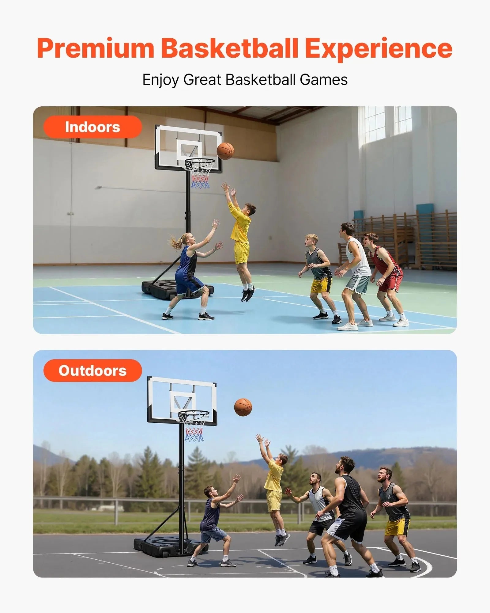 VEVOR Portable Basketball Stand, 10 ft Height Adjustment Basketball Hoop & Goal, Portable Basketballs Hoop with 48 inch PC Backboard & Wheels for Kids, Teens, Adults in Driveways, Pools, Schools