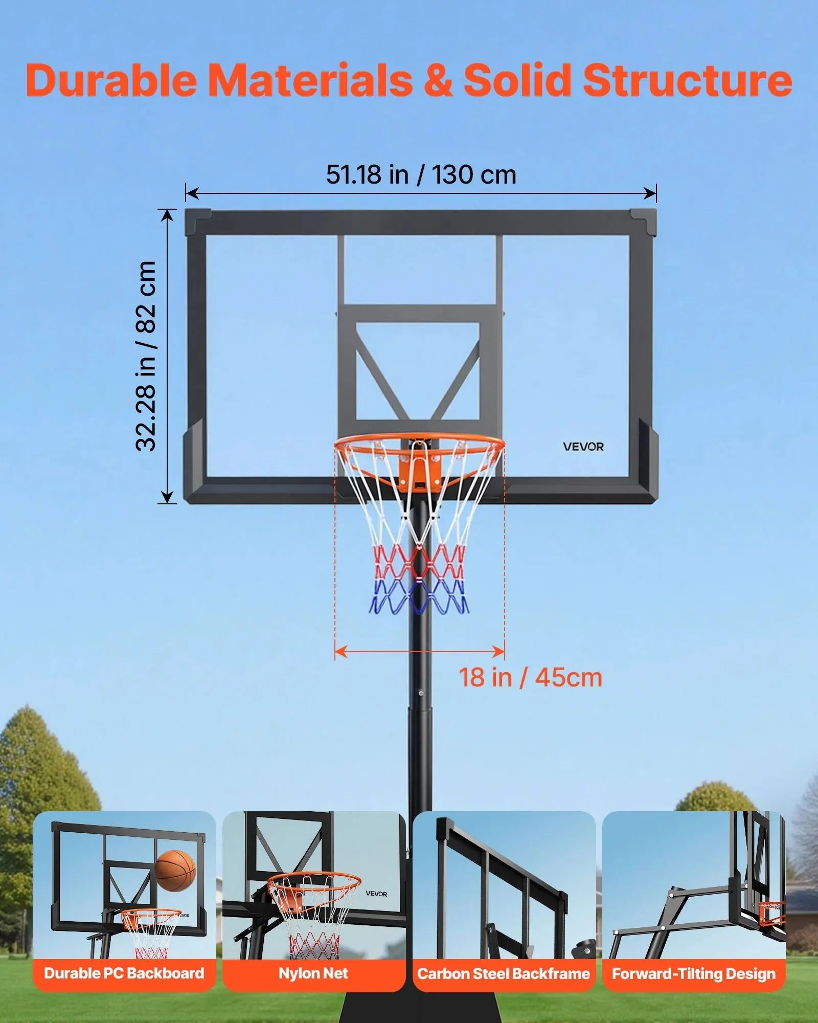 VEVOR Portable Basketball Stand, 10 ft Height Adjustment Basketball Hoop & Goal, Basketballs Hoop Outdoor with 50 inch PC Backboard for Kids, Adults in Schools, Parks, Indoor & Outdoor Use
