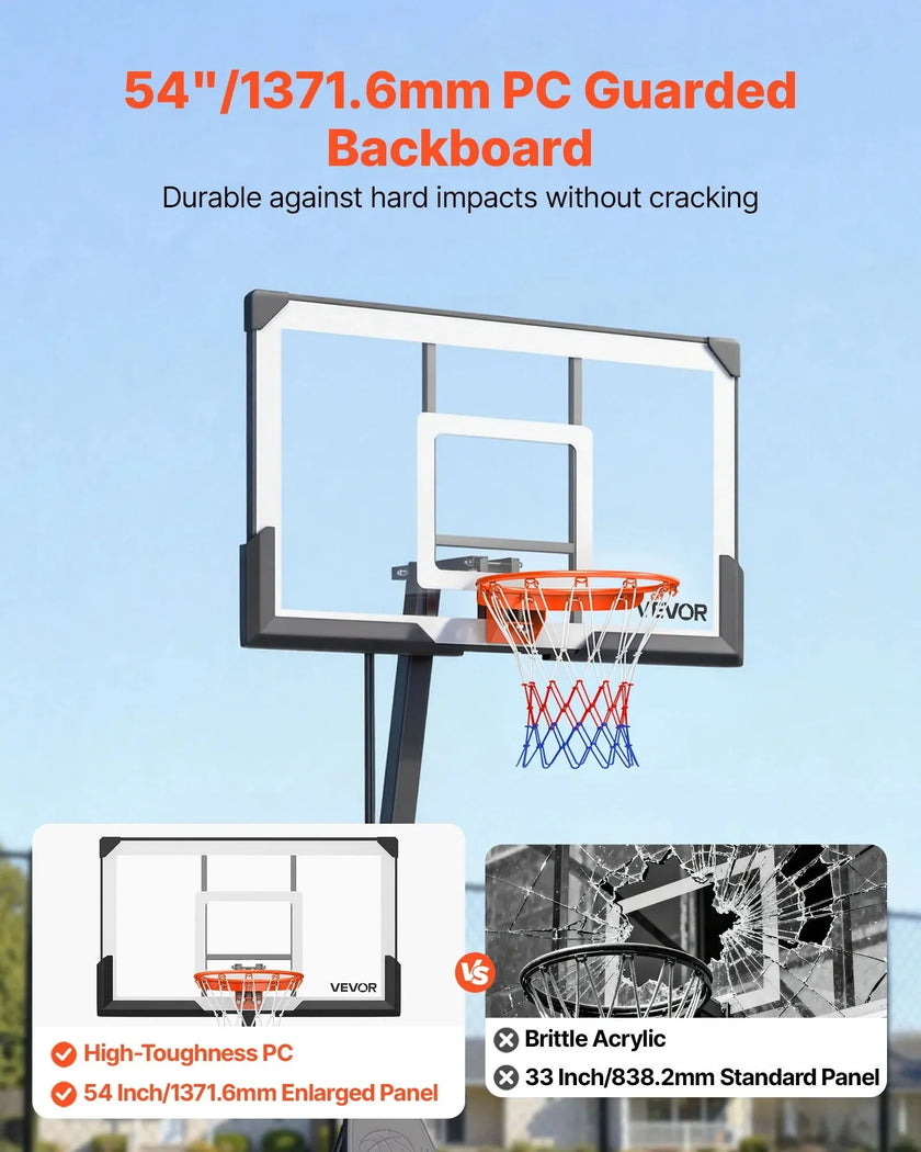 VEVOR Portable Basketball Stand, 7.55 to 10 ft Height Adjustment Basketball Hoop & Goal, Basketballs Hoop Outdoor with 54 inch PC Backboard for Kids, Adults in Schools, Parks, Forward-Tilting Design