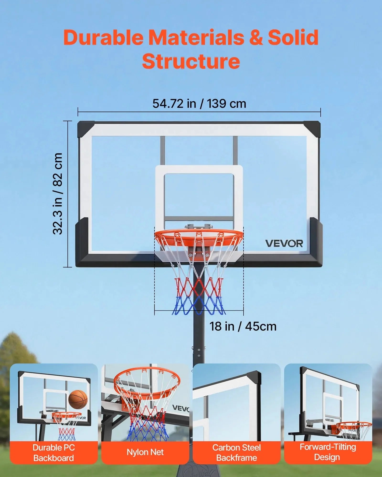 VEVOR Portable Basketball Stand, 7.55 to 10 ft Height Adjustment Basketball Hoop & Goal, Basketballs Hoop Outdoor with 54 inch PC Backboard for Kids, Adults in Schools, Parks, Forward-Tilting Design
