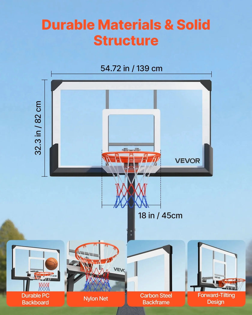 VEVOR Portable Basketball Stand, 7.55 to 10 ft Height Adjustment Basketball Hoop & Goal, Basketballs Hoop Outdoor with 54 inch PC Backboard for Kids, Adults in Schools, Parks, Forward-Tilting Design