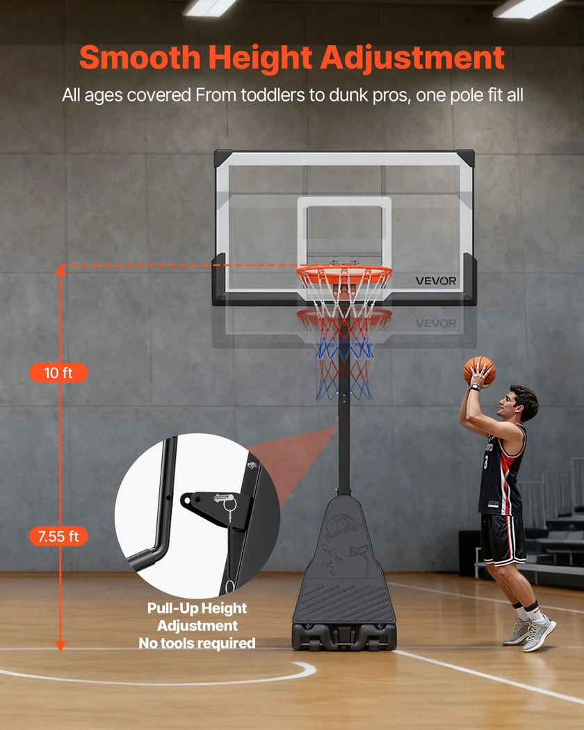 VEVOR Portable Basketball Stand, 7.55 to 10 ft Height Adjustment Basketball Hoop & Goal, Basketballs Hoop Outdoor with 54 inch PC Backboard for Kids, Adults in Schools, Parks, Forward-Tilting Design