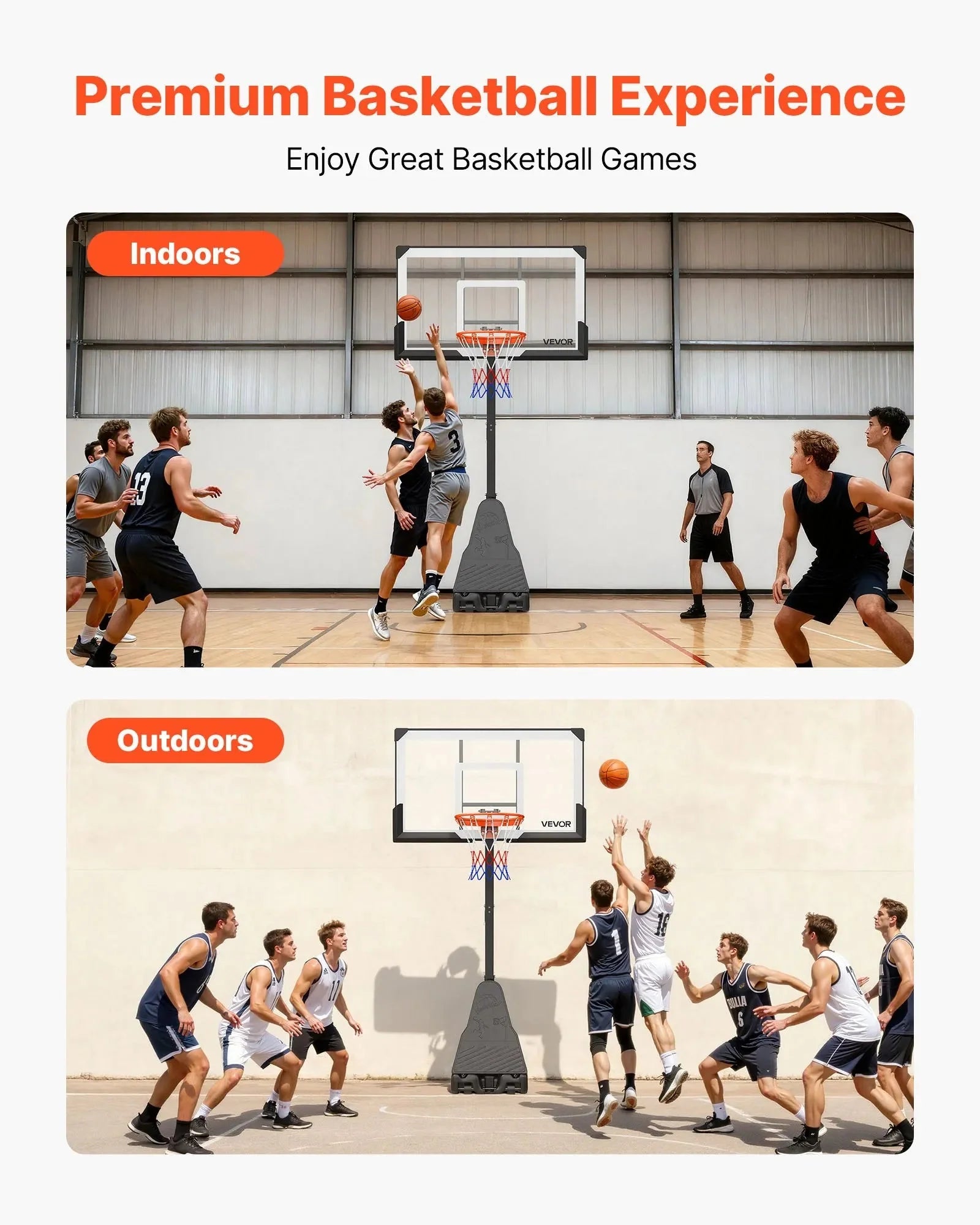 VEVOR Portable Basketball Stand, 7.55 to 10 ft Height Adjustment Basketball Hoop & Goal, Basketballs Hoop Outdoor with 54 inch PC Backboard for Kids, Adults in Schools, Parks, Forward-Tilting Design