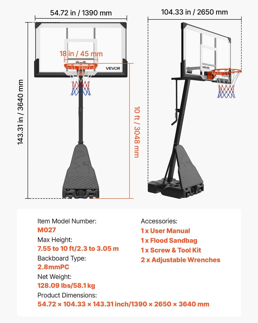 VEVOR Portable Basketball Stand, 7.55 to 10 ft Height Adjustment Basketball Hoop & Goal, Basketballs Hoop Outdoor with 54 inch PC Backboard for Kids, Adults in Schools, Parks, Forward-Tilting Design