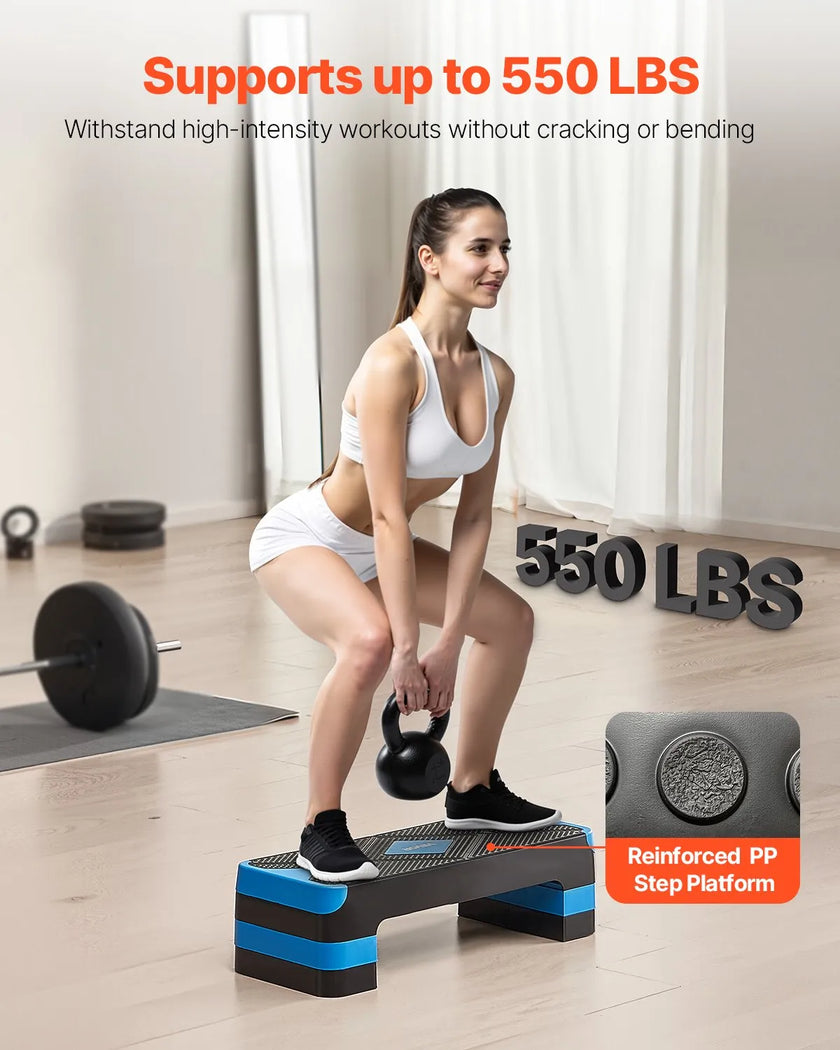 VEVOR Aerobic Exercise Step Platform Adjustable Workout Stepper 4 Riser Blue