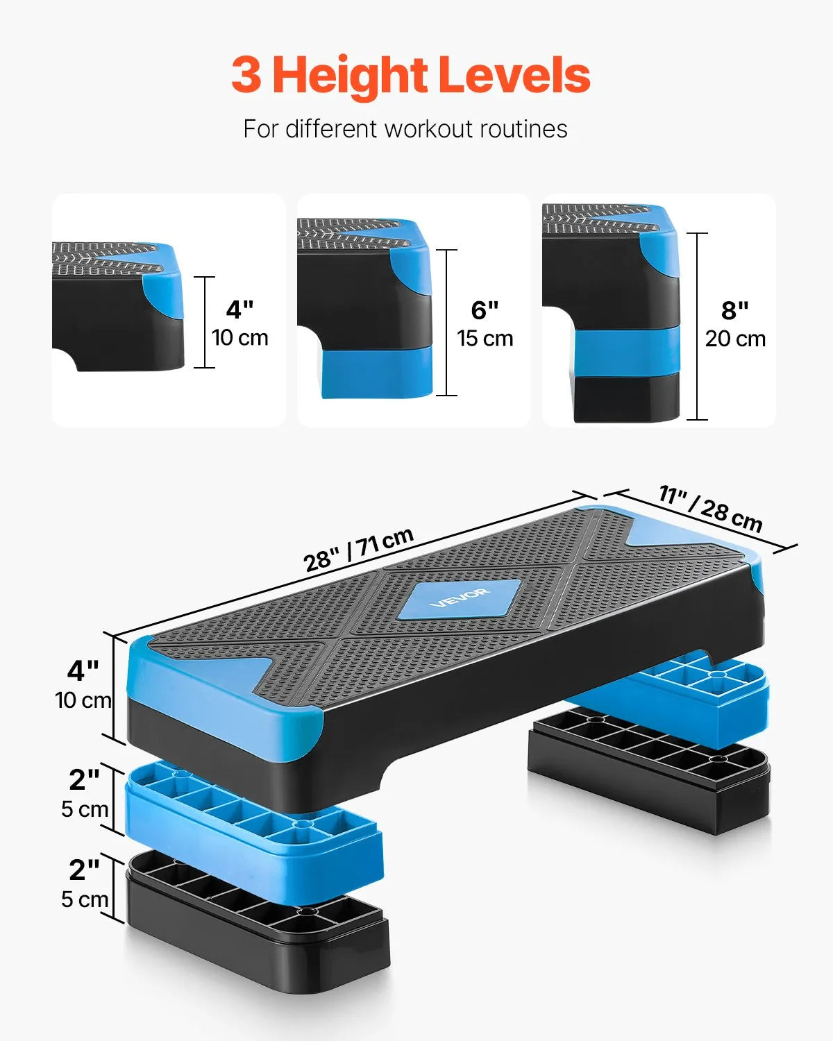 VEVOR Aerobic Exercise Step Platform Adjustable Workout Stepper 4 Riser Blue