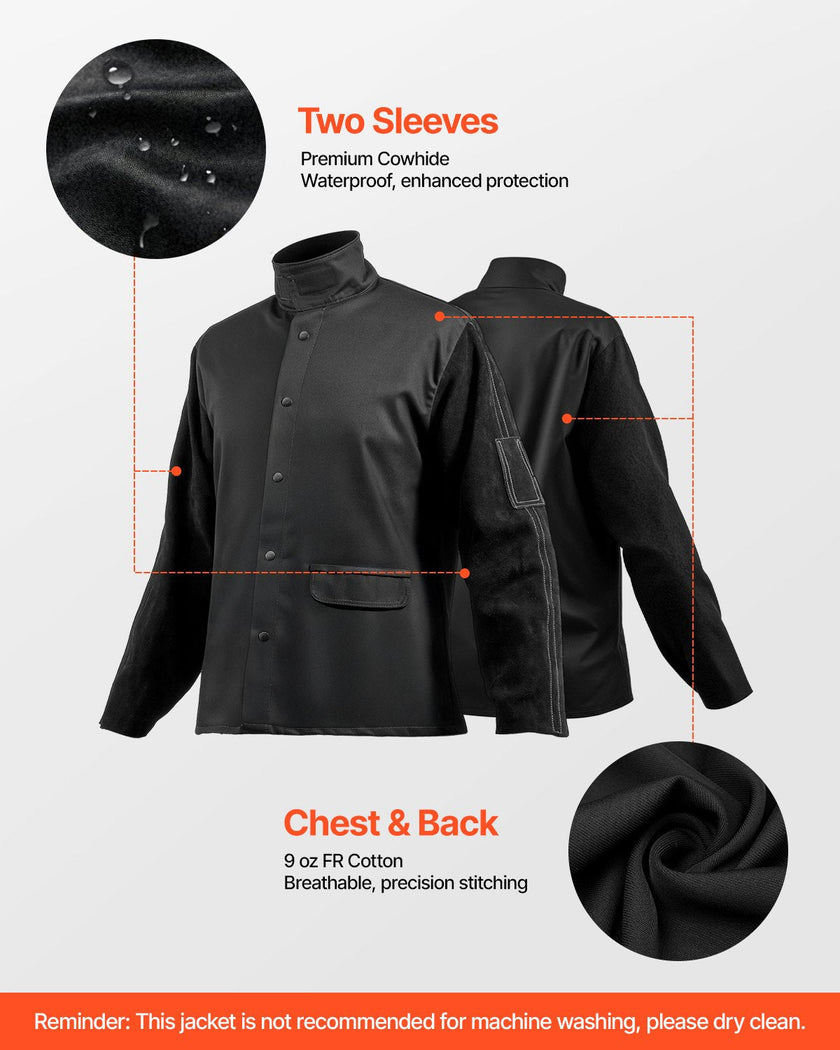 VEVOR FR Welding Jacket XXL Size Heavy Duty Cowhide Leather & 9oz FR Cotton