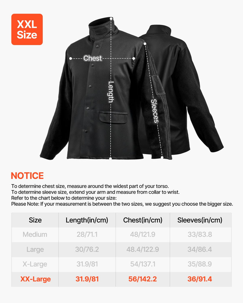 VEVOR FR Welding Jacket XXL Size Heavy Duty Cowhide Leather & 9oz FR Cotton
