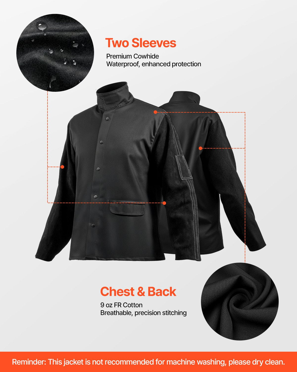VEVOR FR Welding Jacket M Size Heavy Duty Cowhide Leather & 9oz FR Cotton