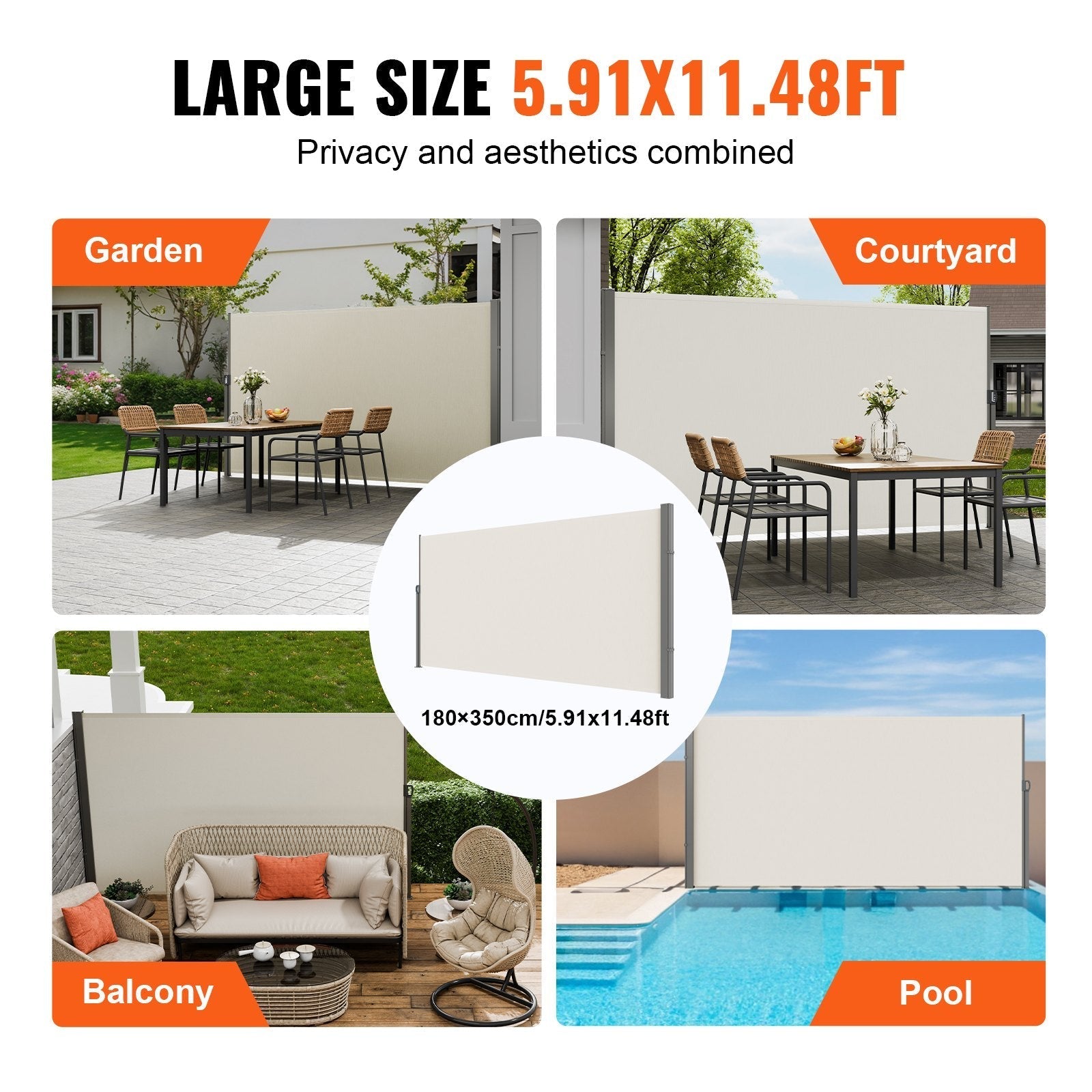 VEVOR Retractable Side Awning, 71''x 138'' Outdoor Privacy Screen, 180g Polyester Water-proof Retractable Patio Screen, UV 30+ Room Divider Wind Screen for Patio, Backyard, Balcony, Beige