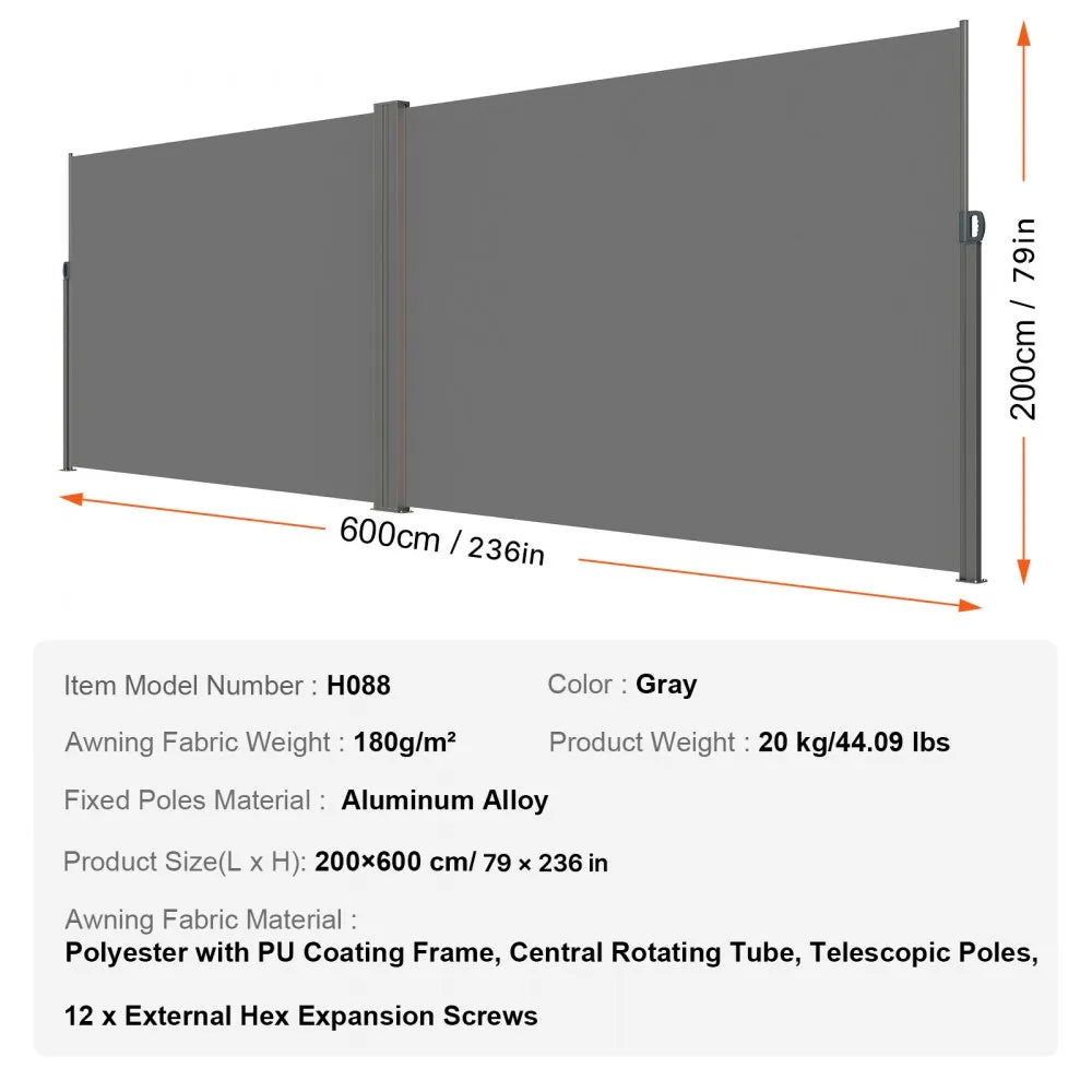 VEVOR Retractable Side Awning, 79''x 236'' Outdoor Privacy Screen, 180g Polyester Water-proof Retractable Patio Screen, UV 30+ Room Divider Wind Screen for Patio, Backyard, Balcony, Gray