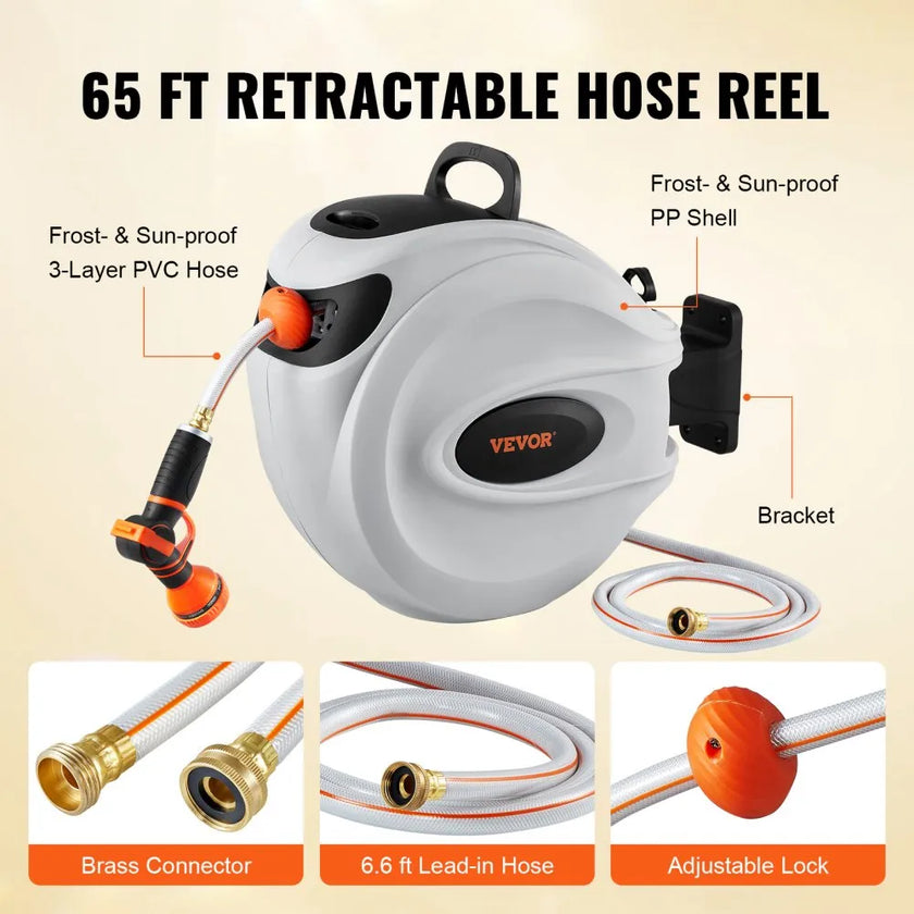 VEVOR Retractable Hose Reel Water Hose Reel 65'x5/8