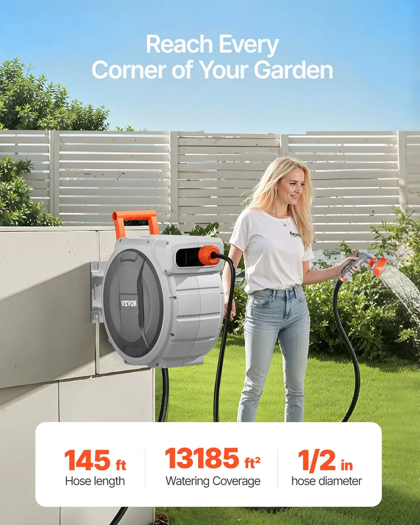 VEVOR Retractable Garden Hose Reel 1/2 in x 145 ft Wall Mounted Garden Hose Reel