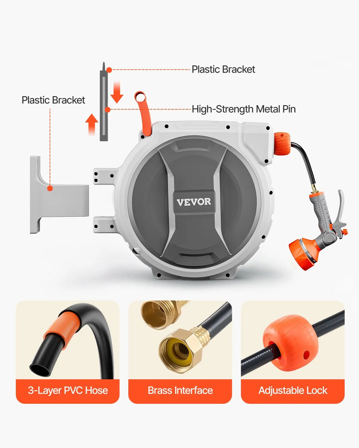 VEVOR Retractable Garden Hose Reel 1/2 in x 65 ft Wall Mounted Garden Hose Reel