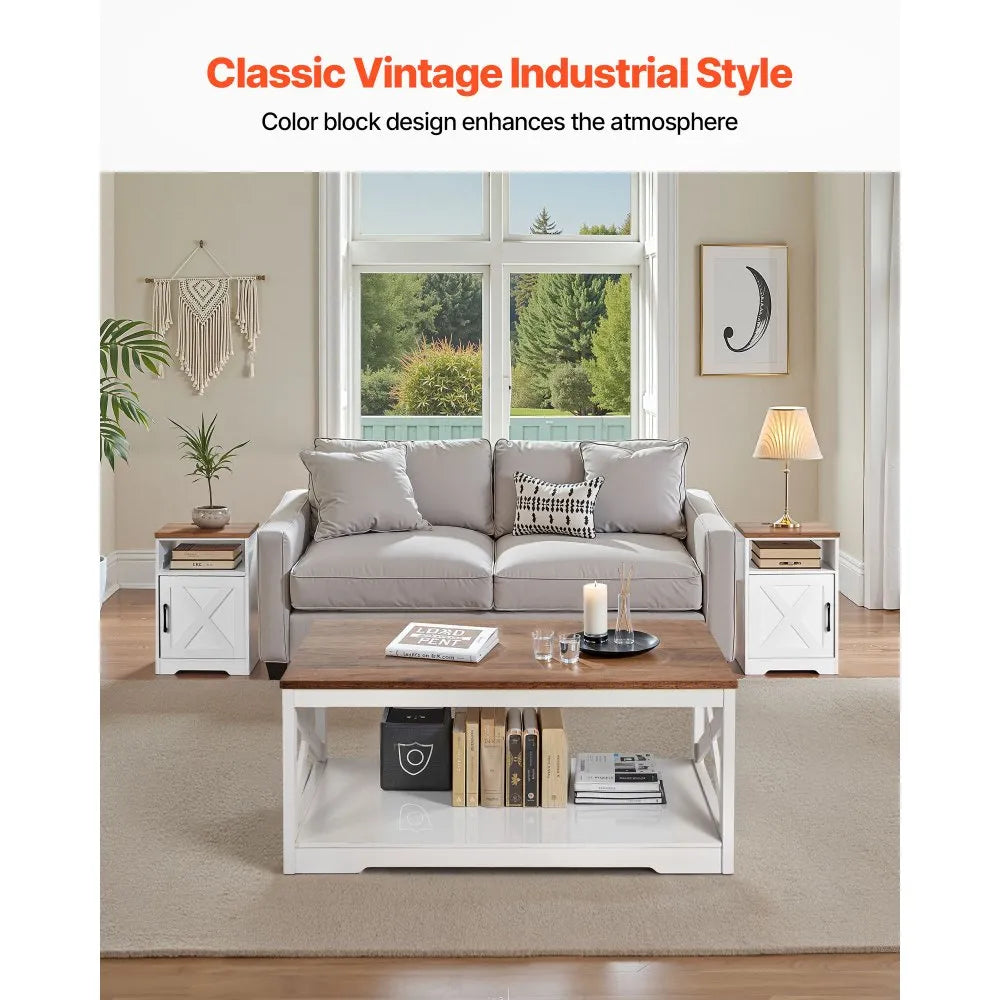 3-Piece Farmhouse Coffee Table Set with 2 End Tables & Built-In Charging Station