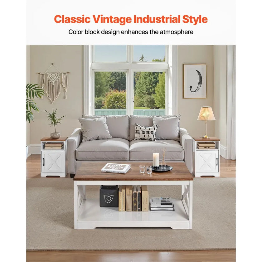 3-Piece Farmhouse Coffee Table Set with 2 End Tables & Built-In Charging Station