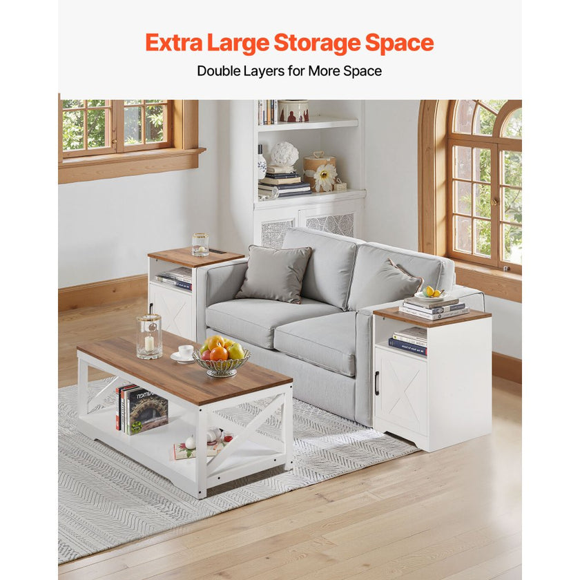 3-Piece Farmhouse Coffee Table Set with 2 End Tables & Built-In Charging Station