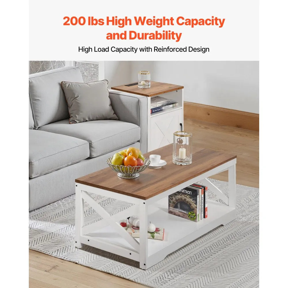 3-Piece Farmhouse Coffee Table Set with 2 End Tables & Built-In Charging Station