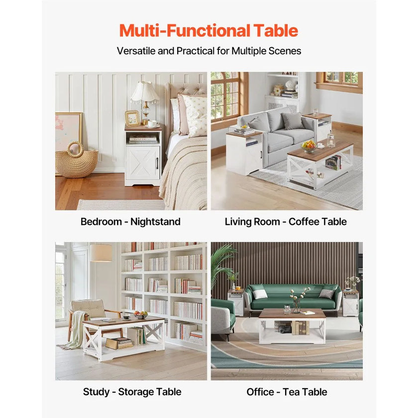 3-Piece Farmhouse Coffee Table Set with 2 End Tables & Built-In Charging Station