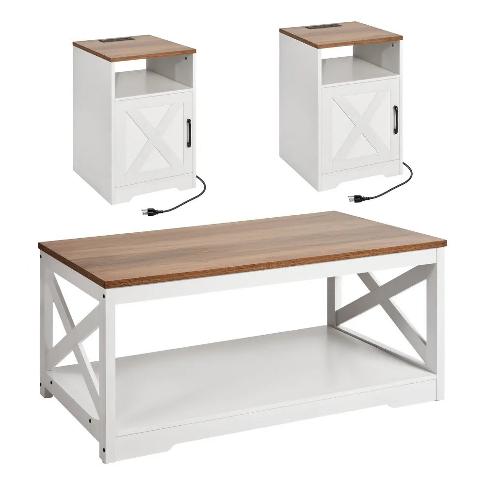 3-Piece Farmhouse Coffee Table Set with 2 End Tables & Built-In Charging Station