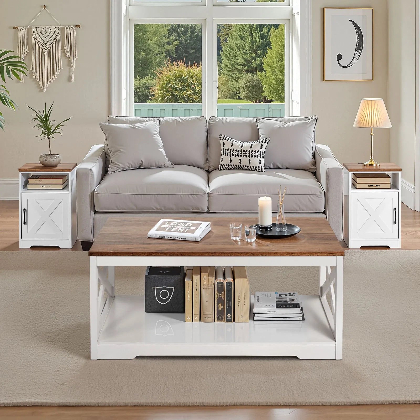 3-Piece Farmhouse Coffee Table Set with 2 End Tables & Built-In Charging Station
