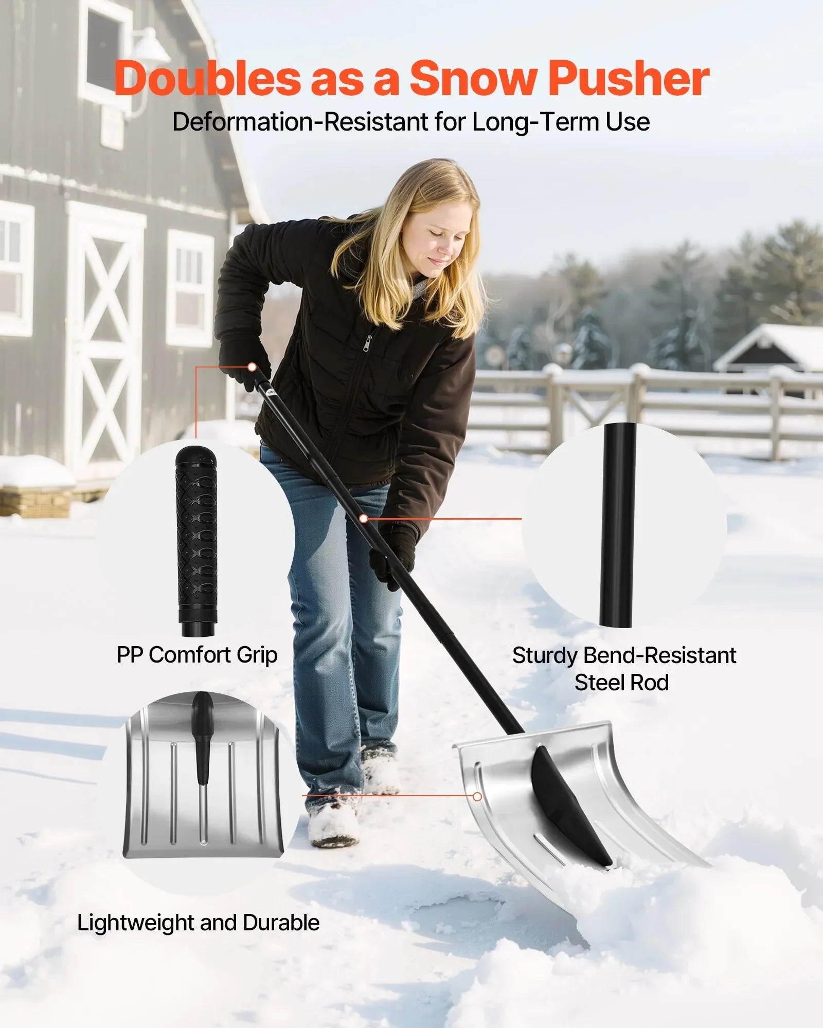 VEVOR Snow Shovel for Driveway, 16 in Wide Aluminum Alloy Snow Shovel, Non Slip Grip, Large Capacity Snowplow Shovels, Detachable & Lightweight Snows Removal Tool for Garden Car Camping Outdoors