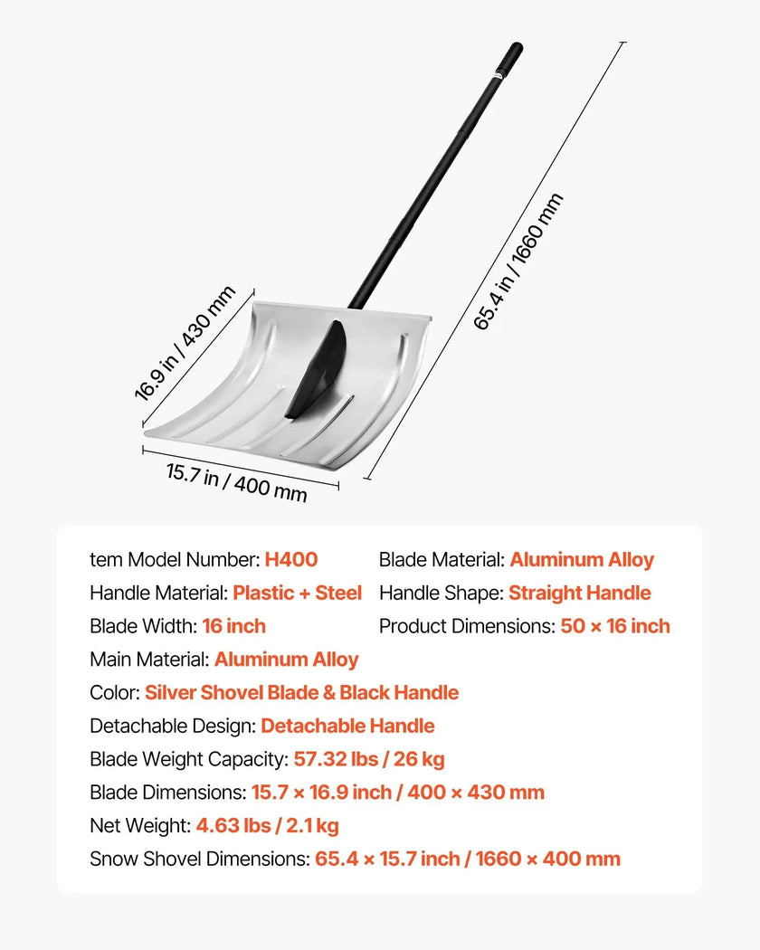 VEVOR Snow Shovel for Driveway, 16 in Wide Aluminum Alloy Snow Shovel, Non Slip Grip, Large Capacity Snowplow Shovels, Detachable & Lightweight Snows Removal Tool for Garden Car Camping Outdoors