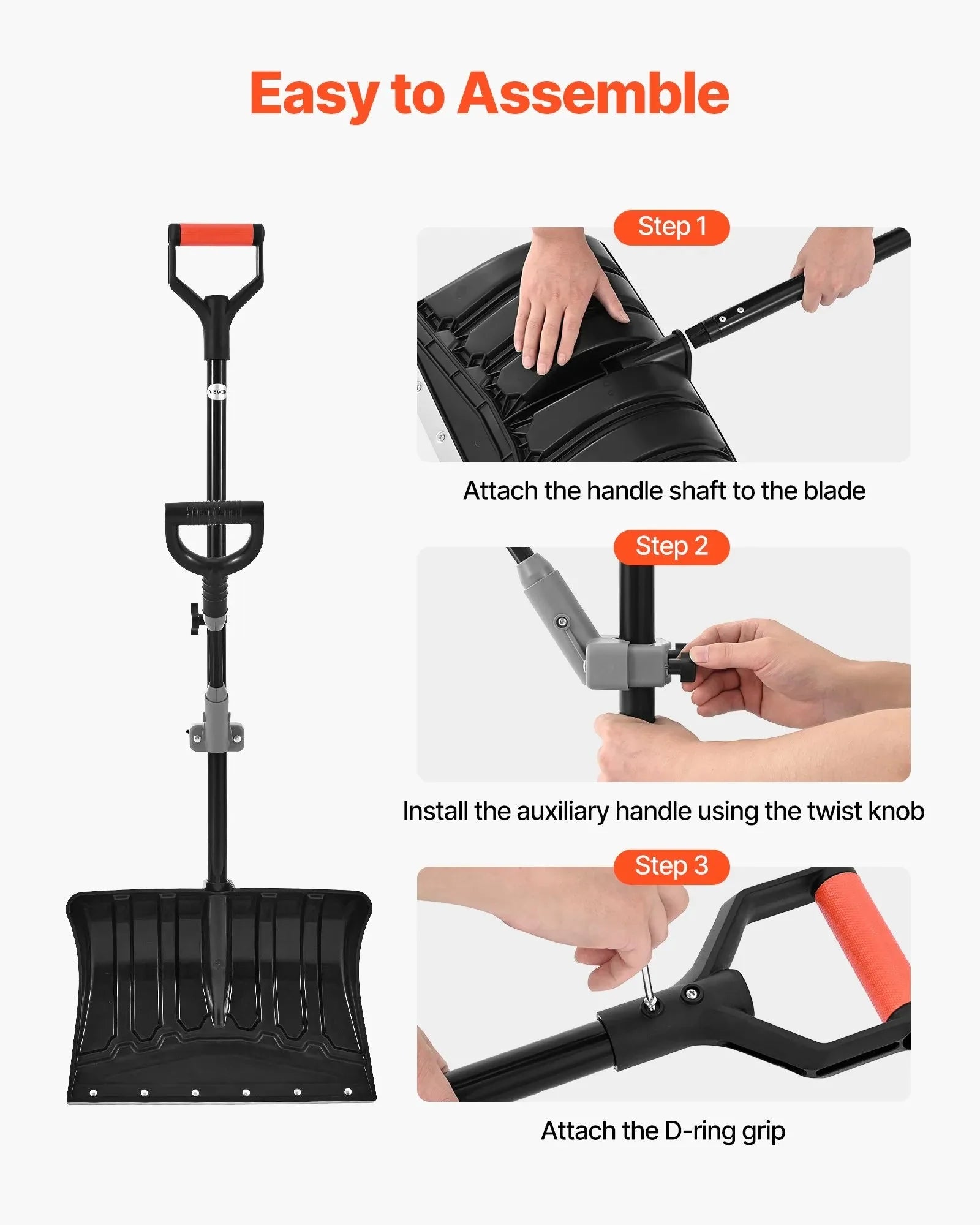 VEVOR Snow Shovel for Driveway, 18 in Wide Plastic Snow Shovel with Assist D-shaped Handles, Non Slip Grip, Large Capacity Snowplow Shovels, Lightweight Snows Removal Tool for Garden Car Camping