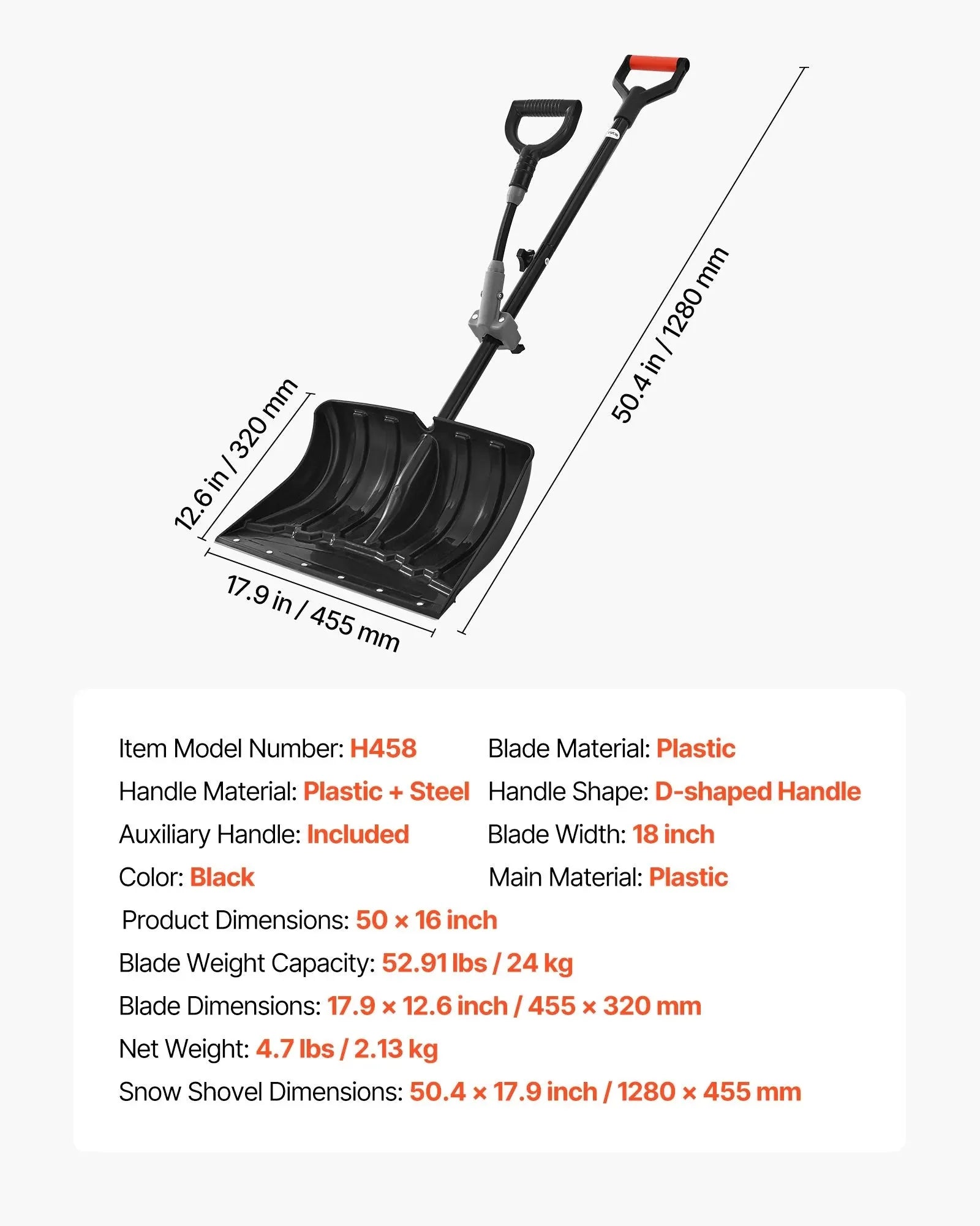 VEVOR Snow Shovel for Driveway, 18 in Wide Plastic Snow Shovel with Assist D-shaped Handles, Non Slip Grip, Large Capacity Snowplow Shovels, Lightweight Snows Removal Tool for Garden Car Camping