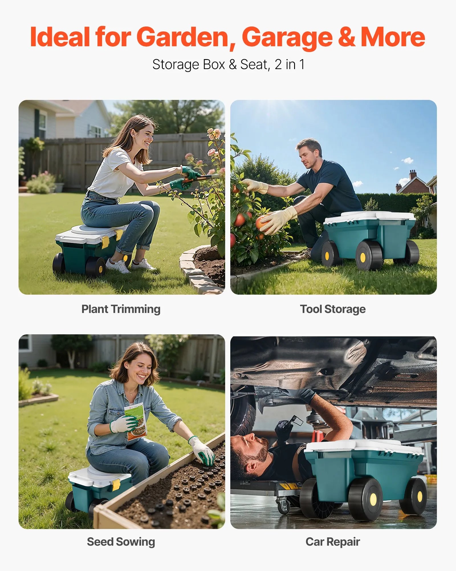 VEVOR Rolling Garden Cart with Seat 276 lbs Garden Scooter Storage Bin & Seat