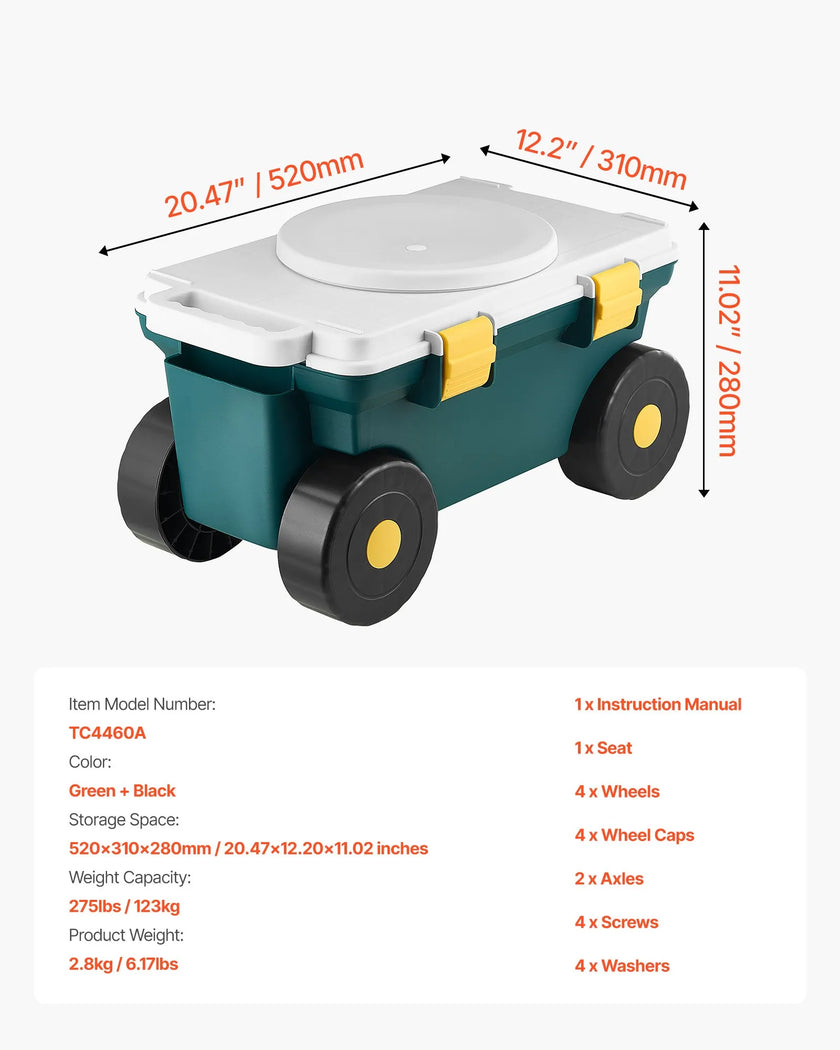 VEVOR Rolling Garden Cart with Seat 276 lbs Garden Scooter Storage Bin & Seat