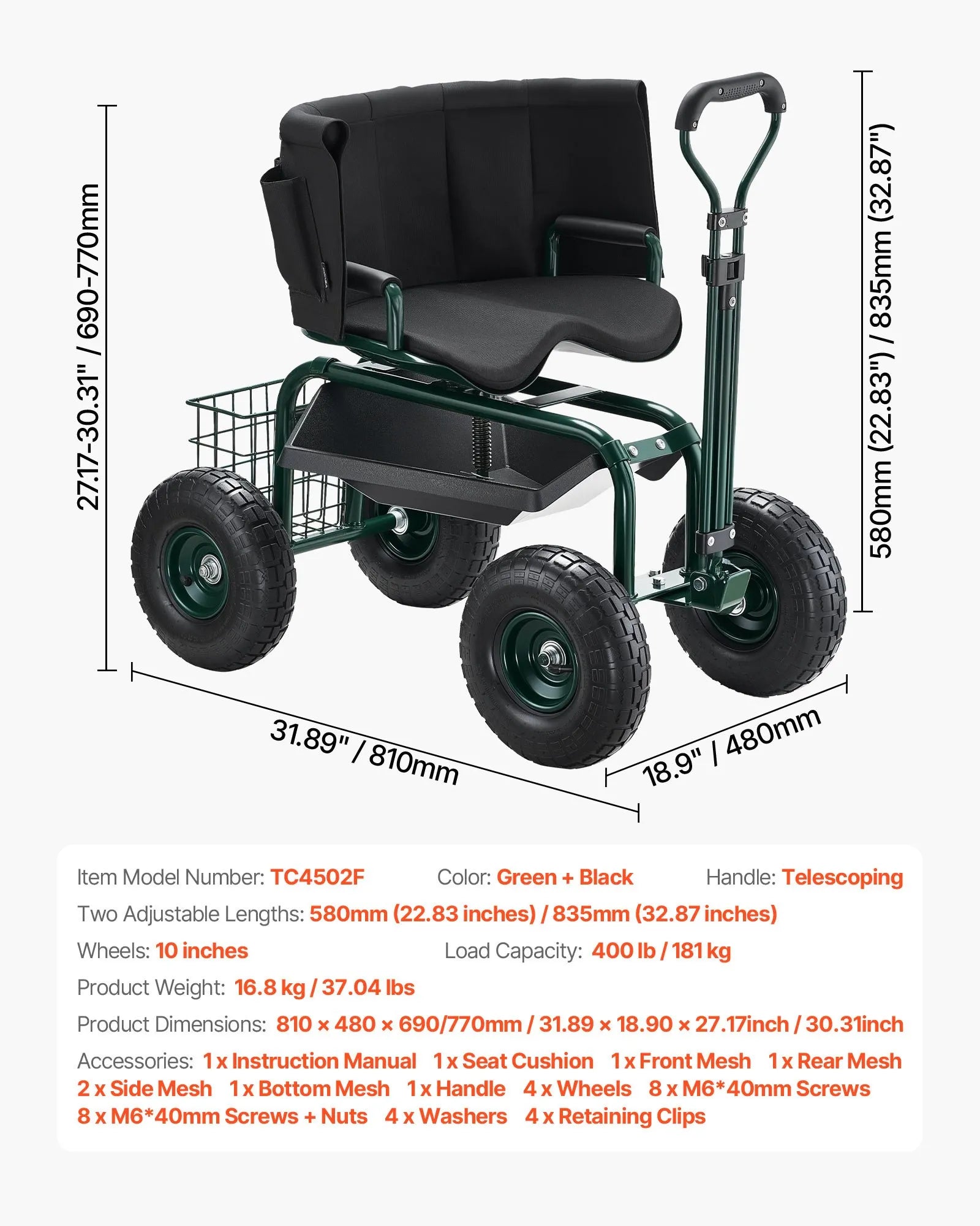 VEVOR Rolling Garden Cart with Swivel Seat Wheels Extendable Handle Storage Box