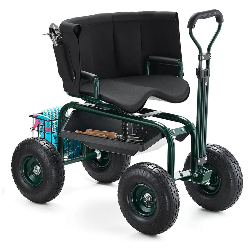 VEVOR Rolling Garden Cart with Swivel Seat Wheels Extendable Handle Storage Box