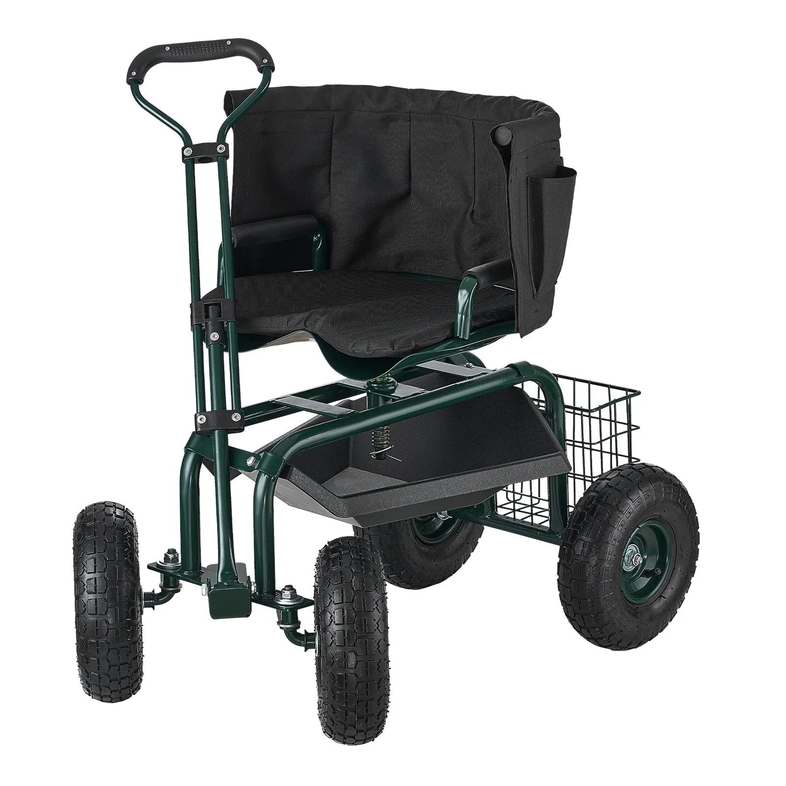 VEVOR Rolling Garden Cart with Swivel Seat Wheels Extendable Handle Storage Box