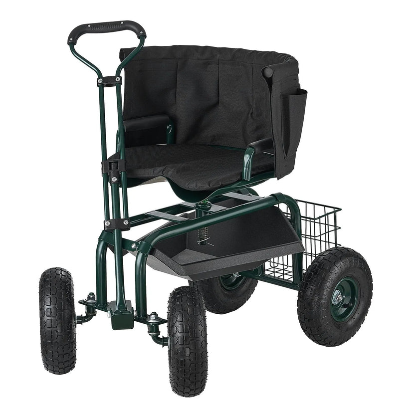VEVOR Rolling Garden Cart with Swivel Seat Wheels Extendable Handle Storage Box