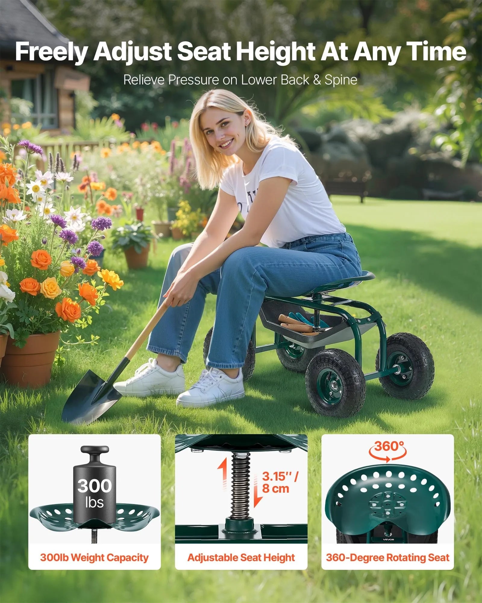 VEVOR Rolling Garden Cart with Swivel Seat All-Terrain Wheels Tool Tray 300lbs