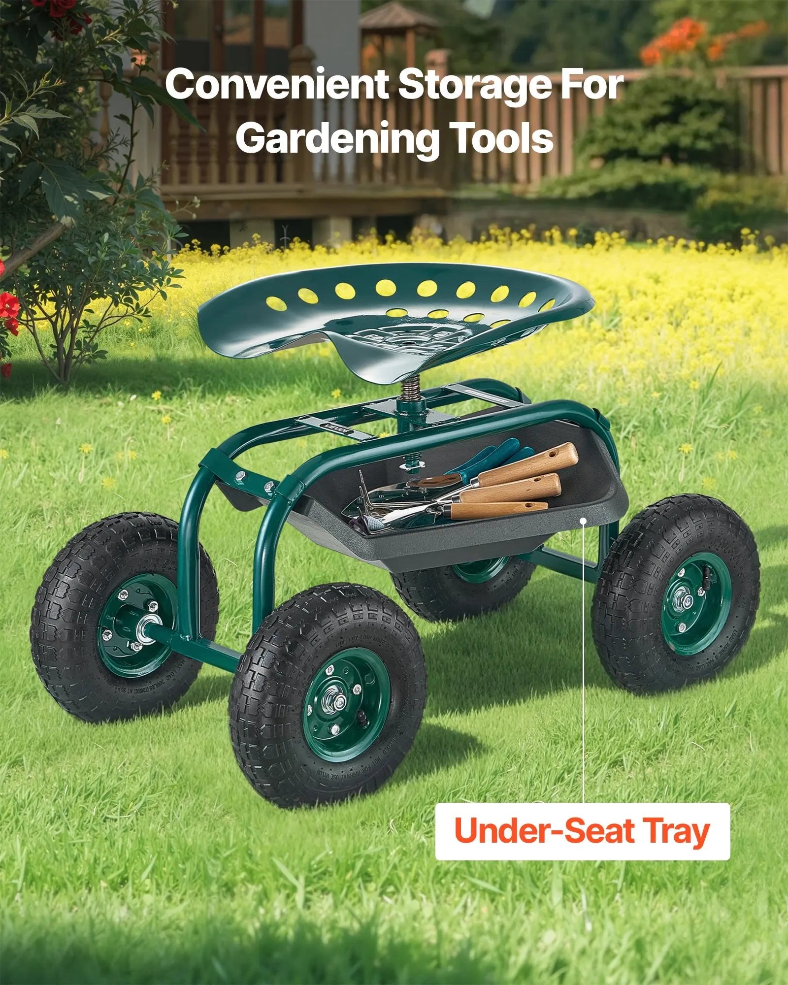 VEVOR Rolling Garden Cart with Swivel Seat All-Terrain Wheels Tool Tray 300lbs